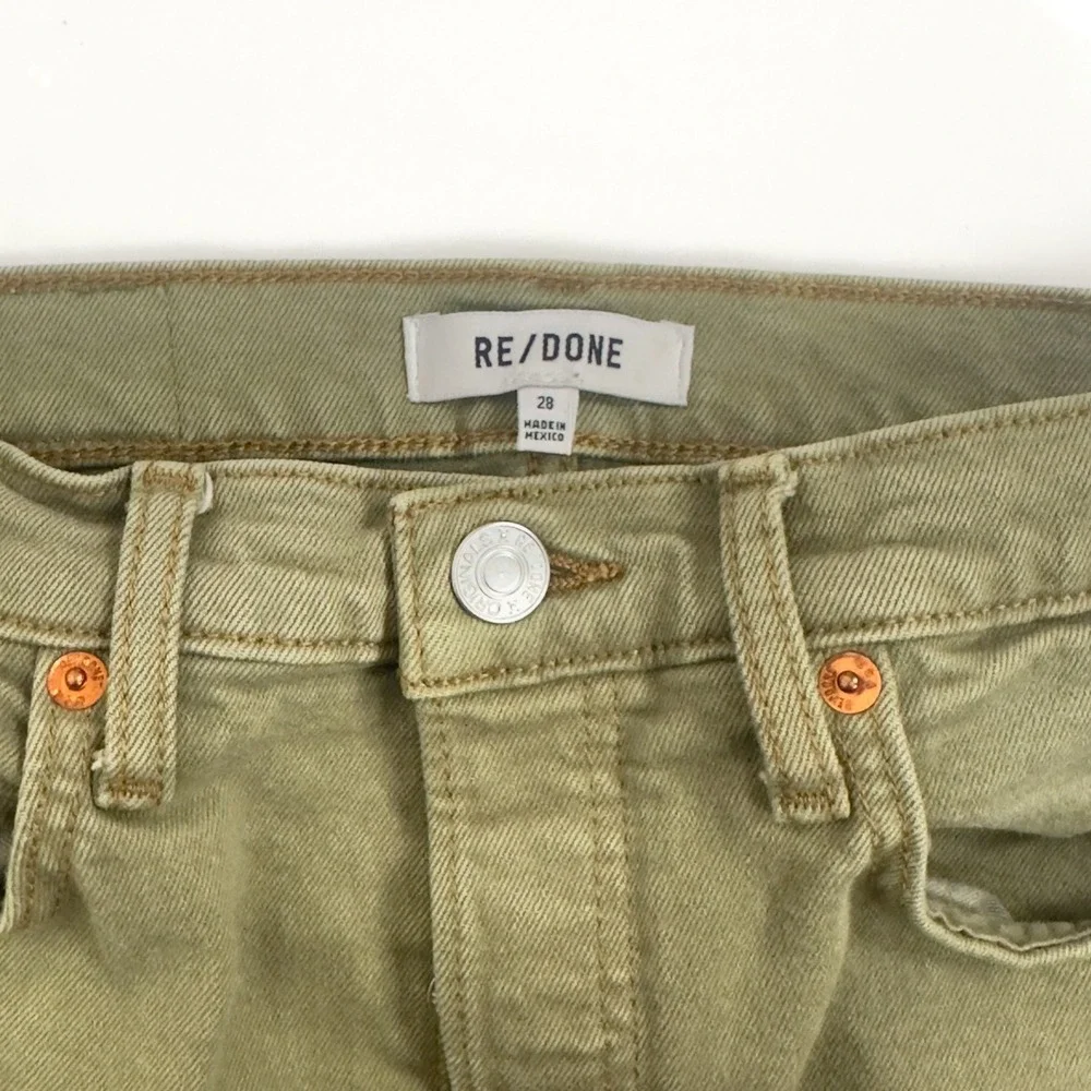 RE/DONE High Rise Ankle Crop Jeans Olive‎ Green Button Fly Raw Hem Denim Size 28
